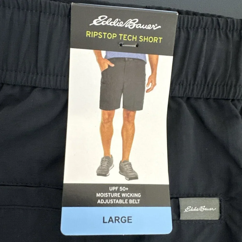 Eddie Bauer Men's L Ripstop Tech Short Black Nylon Belt NWT Inseam 7.75